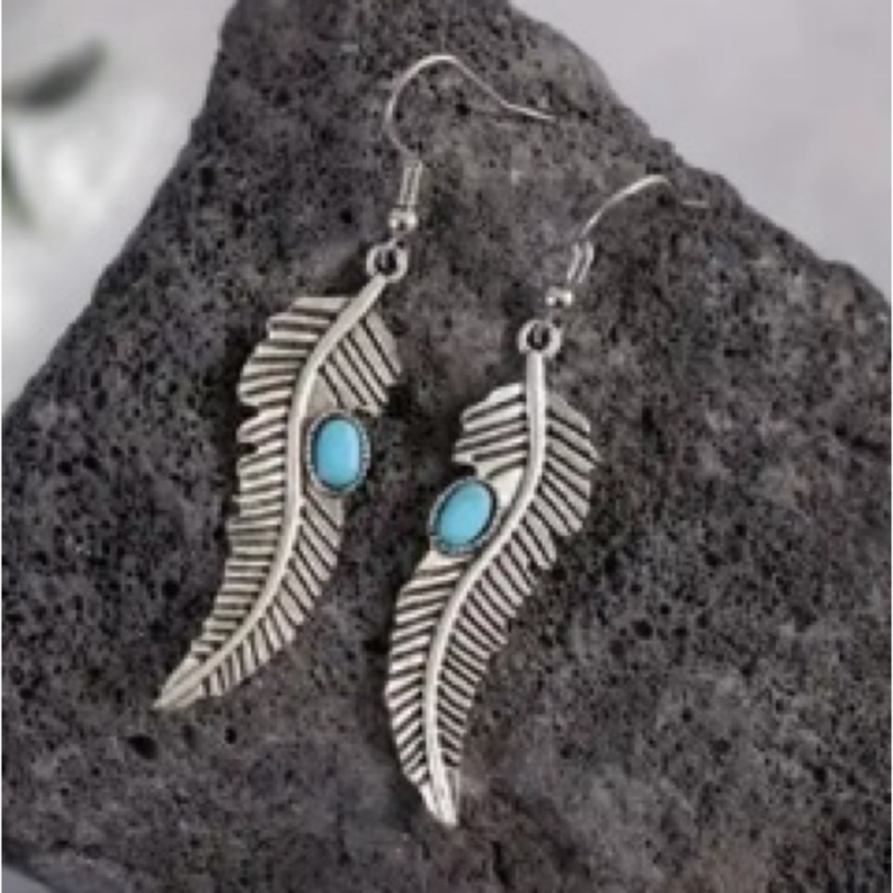 Silver Feather Design with Turquoise Accent  Drop Earrings